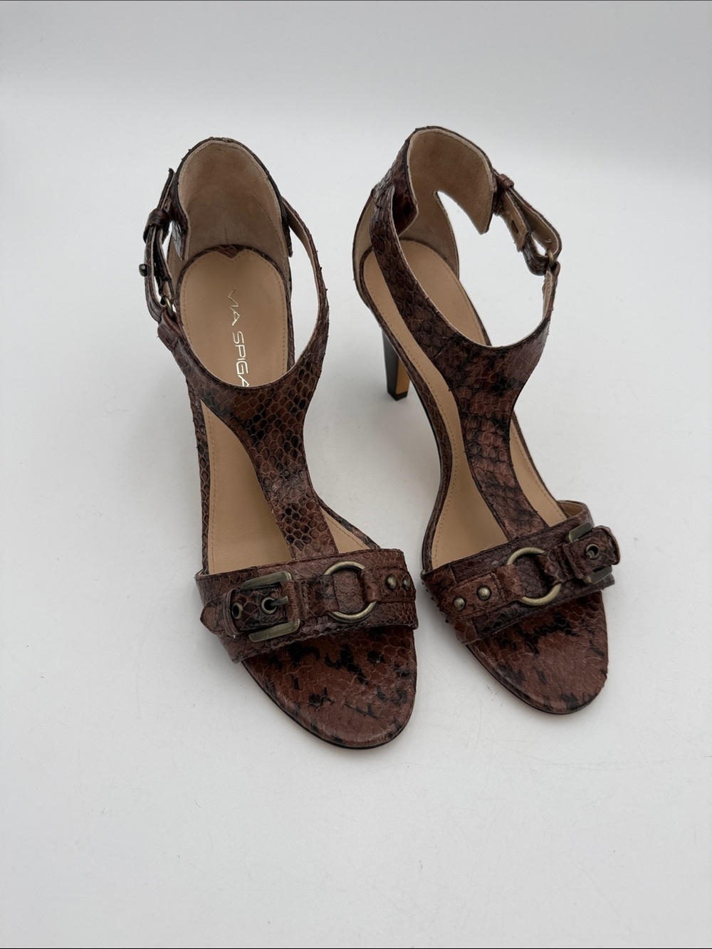 Via Spiga Brown Snakeskin T-Strap Buckle Heels sandals women 8M casual party Y2K